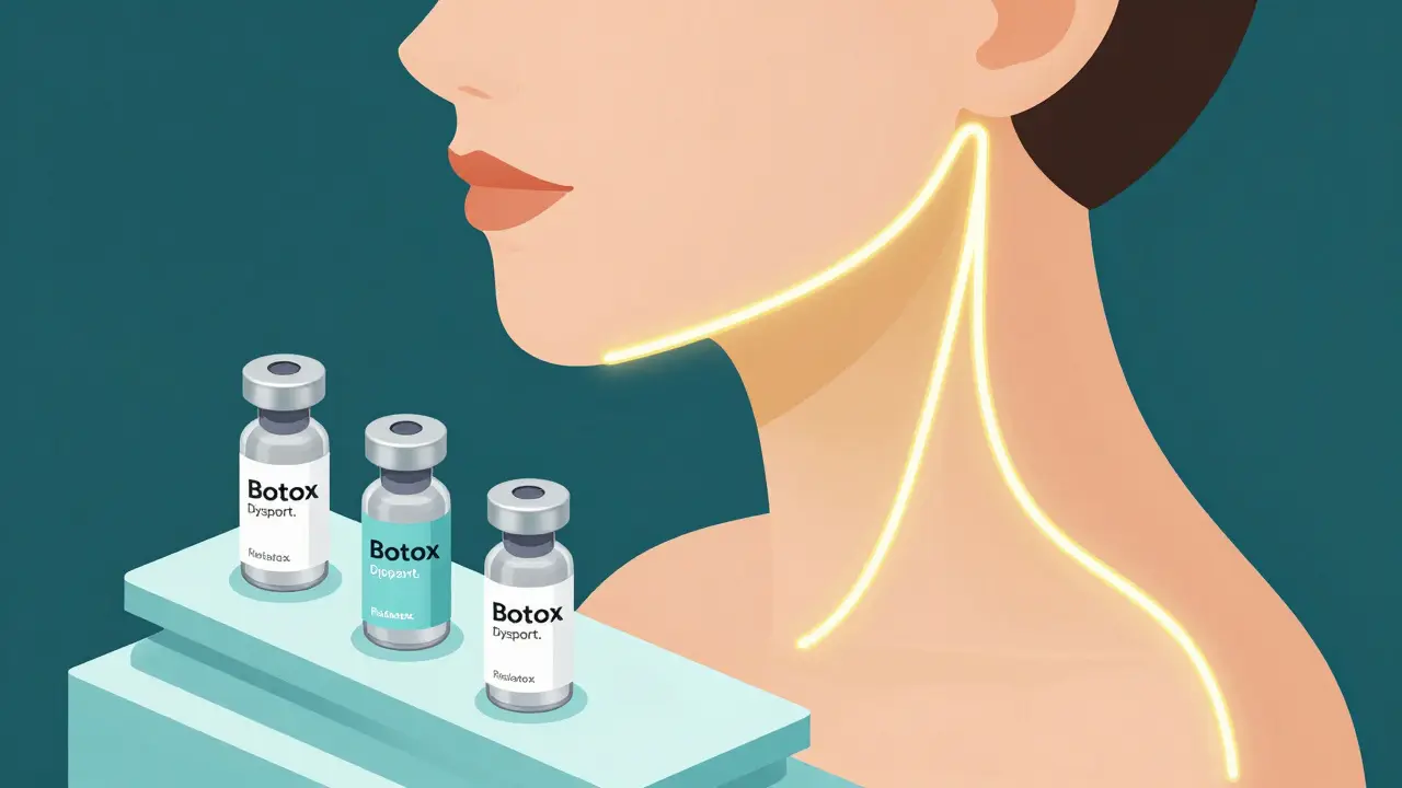 Изометрическое изображение профиля шеи и челюсти с разными флаконами препаратов ботулотоксина