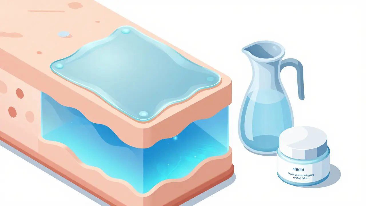 Изометрическое изображение защитного слоя и глубокого увлажнения кожи с кремом и водой.