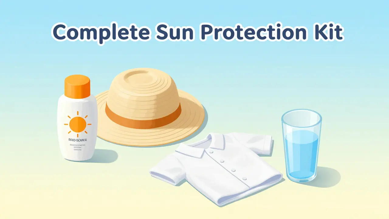 Набор для защиты детей от солнца: крем, шляпа и светлая одежда