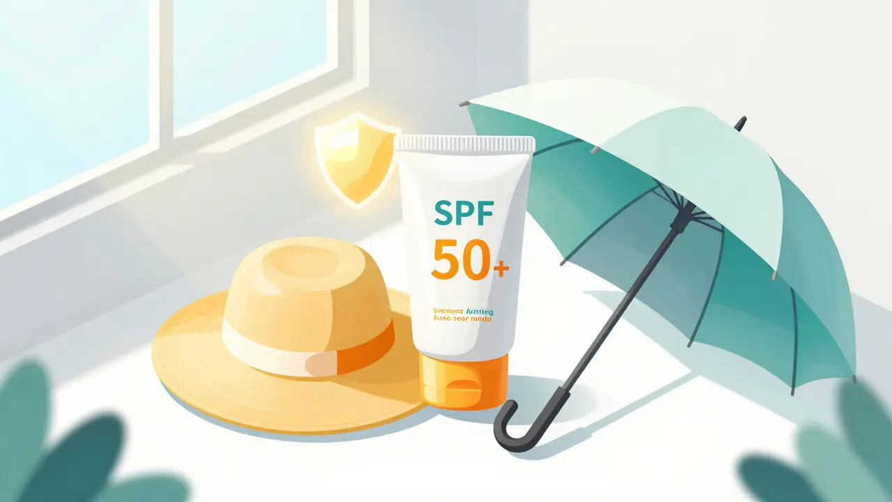 Набор для защиты кожи: солнцезащитный крем, шляпа и зонт в изометрии