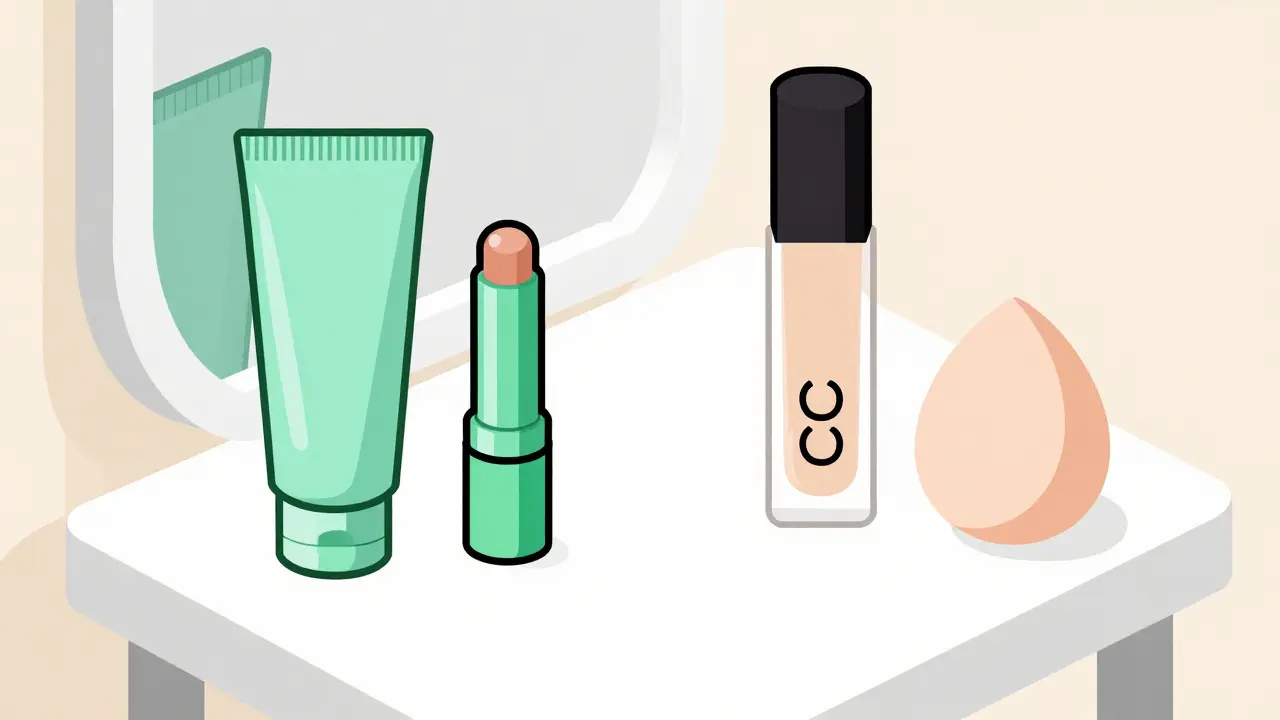 Набор косметики для цветокоррекции: зеленый праймер, консилер и CC-крем в изометрии
