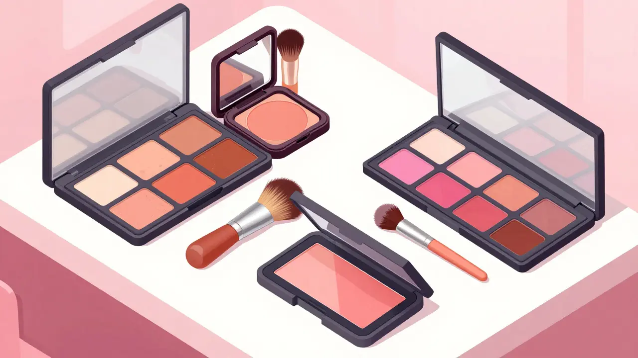 Набор палеток румян теплых и холодных оттенков на столике