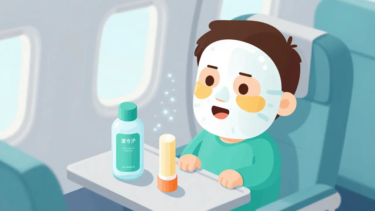 Пассажирка в самолете в увлажняющей маске и с патчами под глазами