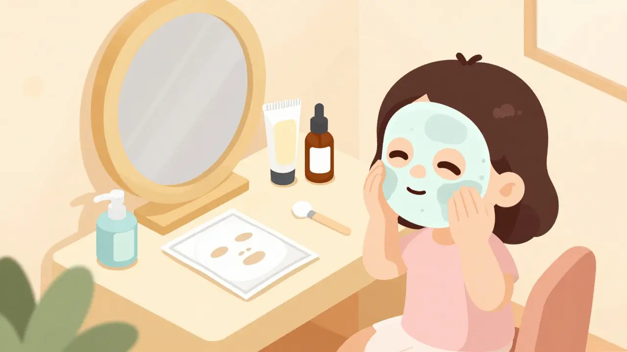 Персонаж в домашней обстановке наносит косметическую маску для лица