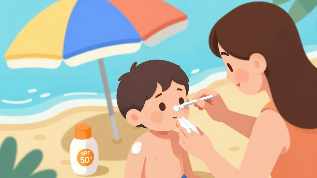 Родитель наносит солнцезащитный крем SPF 50+ на кожу ребенка на пляже
