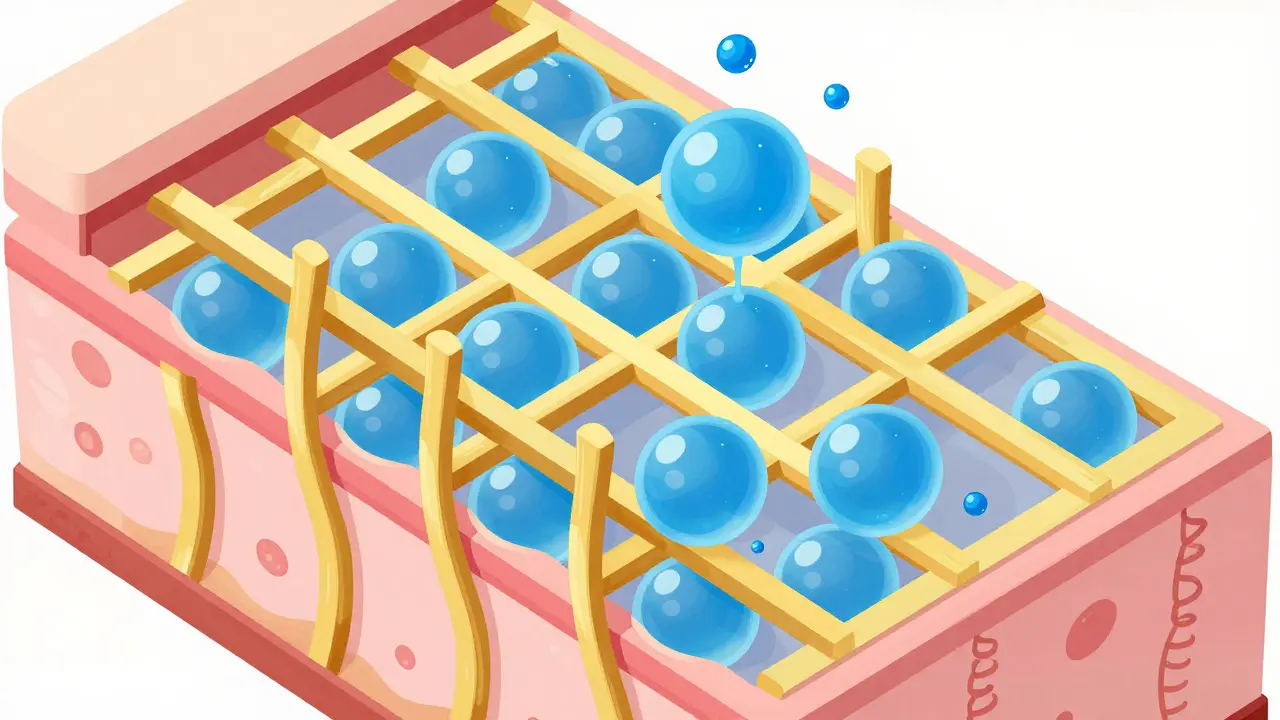 Схема слоев кожи с волокнами коллагена и молекулами гиалуроновой кислоты в виде синих сфер.