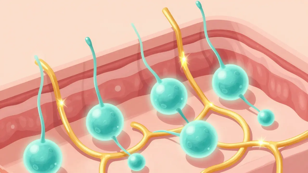 Схематичное изображение гиалуроновой кислоты, коллагена и эластина в слоях кожи