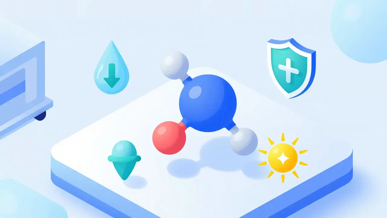 Схематичное изображение молекулы ниацинамида и его полезных свойств для кожи