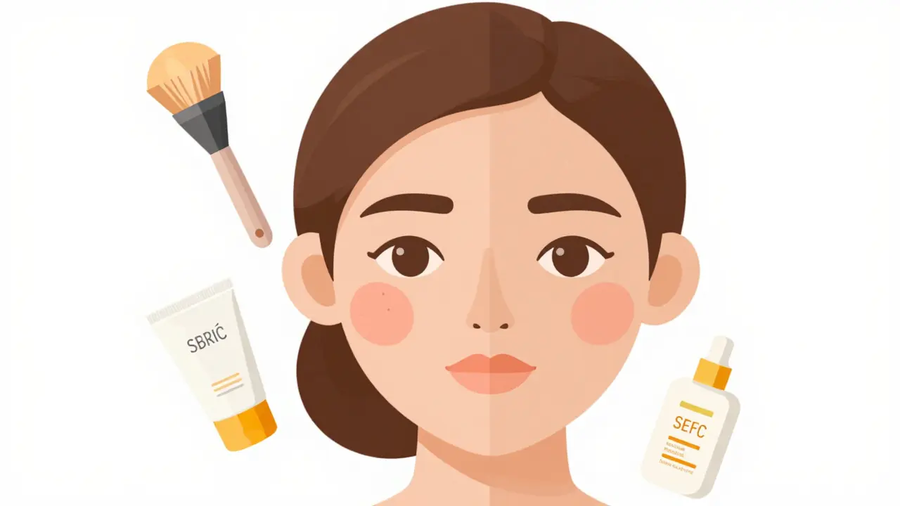 Сравнение кожи до и после использования зеленой базы и тонального крема в стиле изометрии