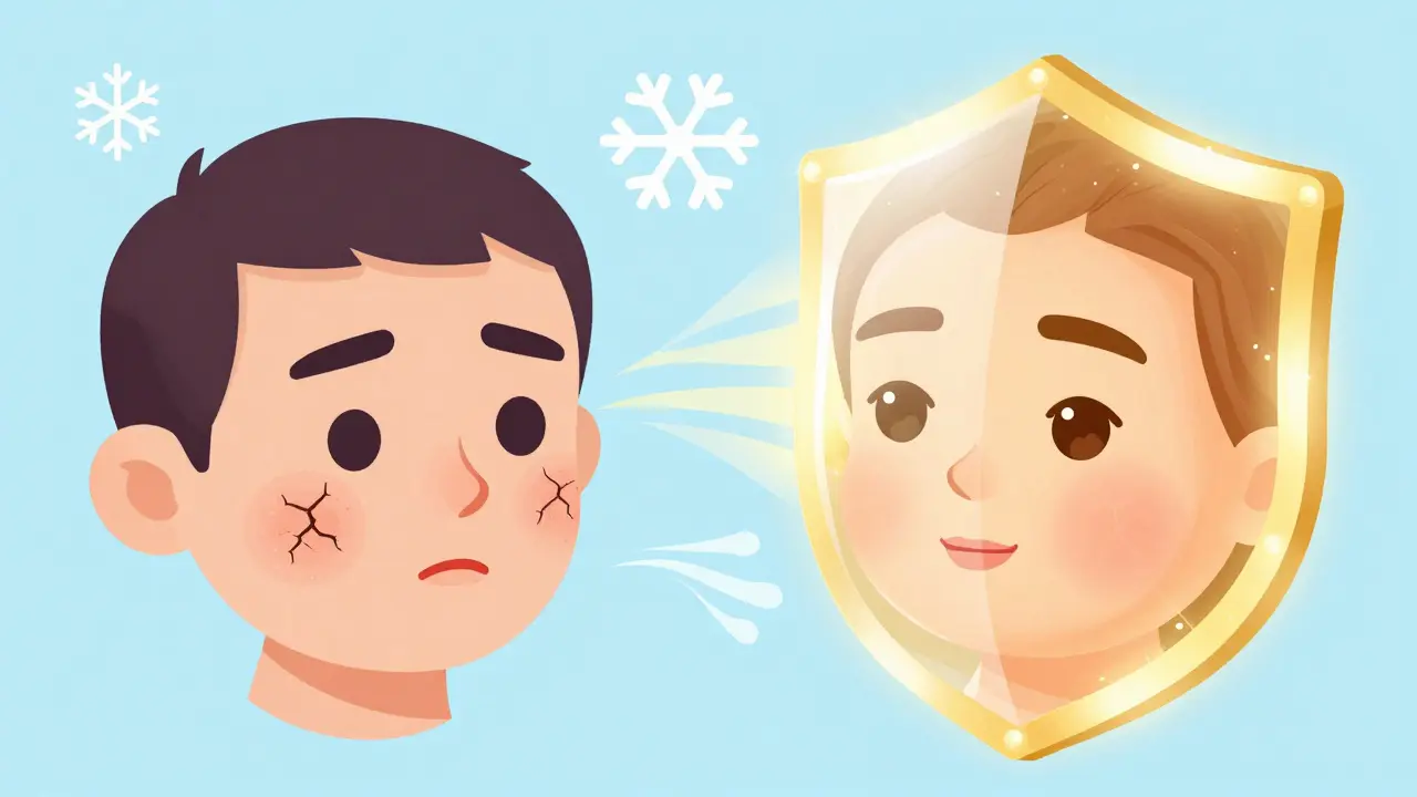 Сравнение поврежденной кожи и здоровой кожи под защитным золотистым слоем керамидов