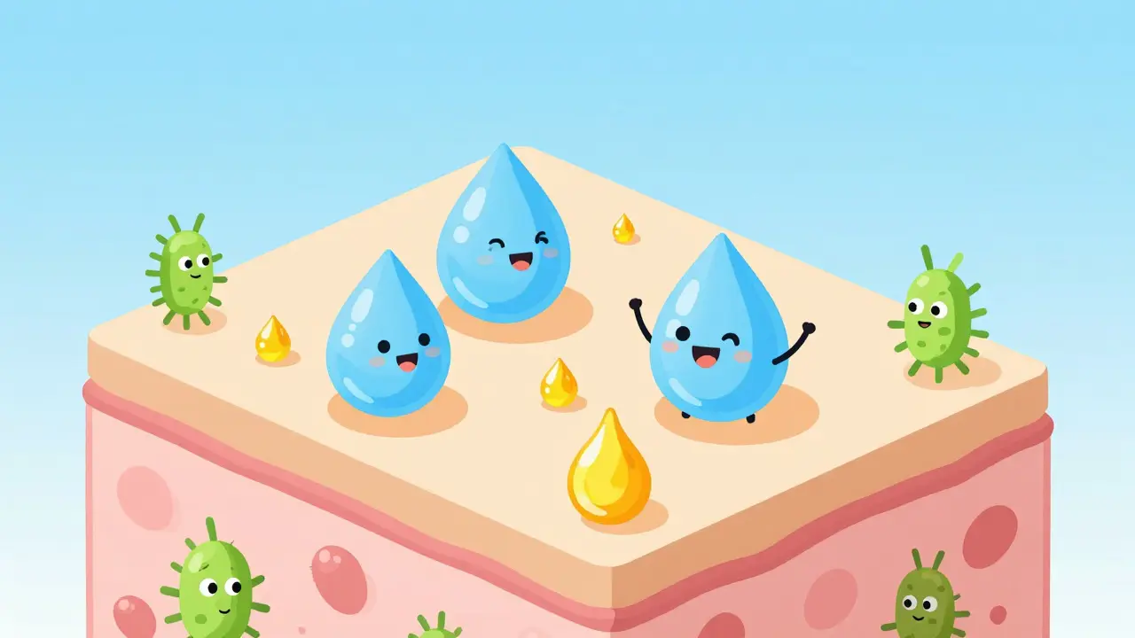 Схематичное изображение кожи с каплями воды и масла внутри