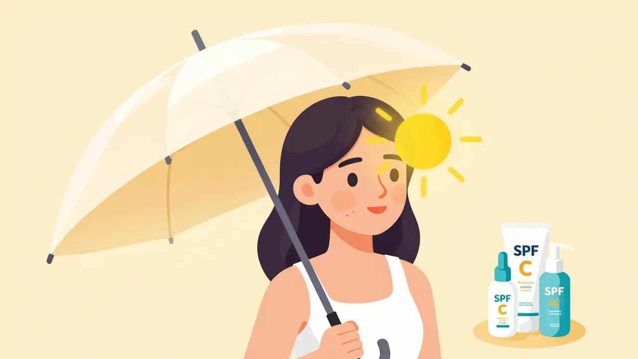 Персонаж под зонтом от солнца, защищающим кожу от пигментации